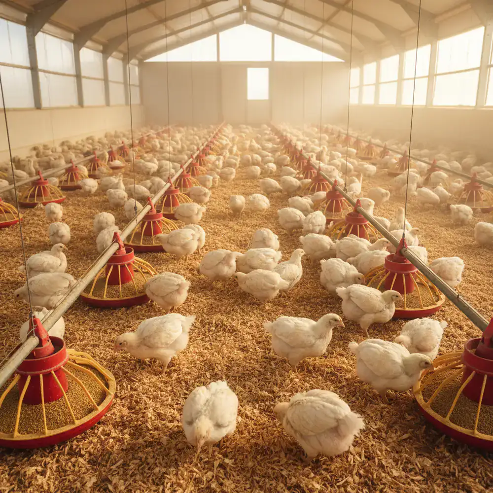 Broiler flock on fresh bedding with round pan feeders