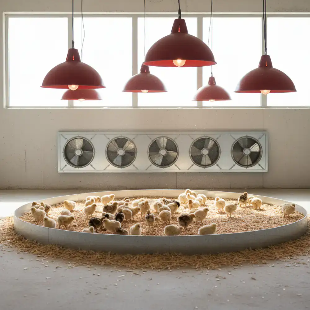 Brooder heat lamps and ventilation fans