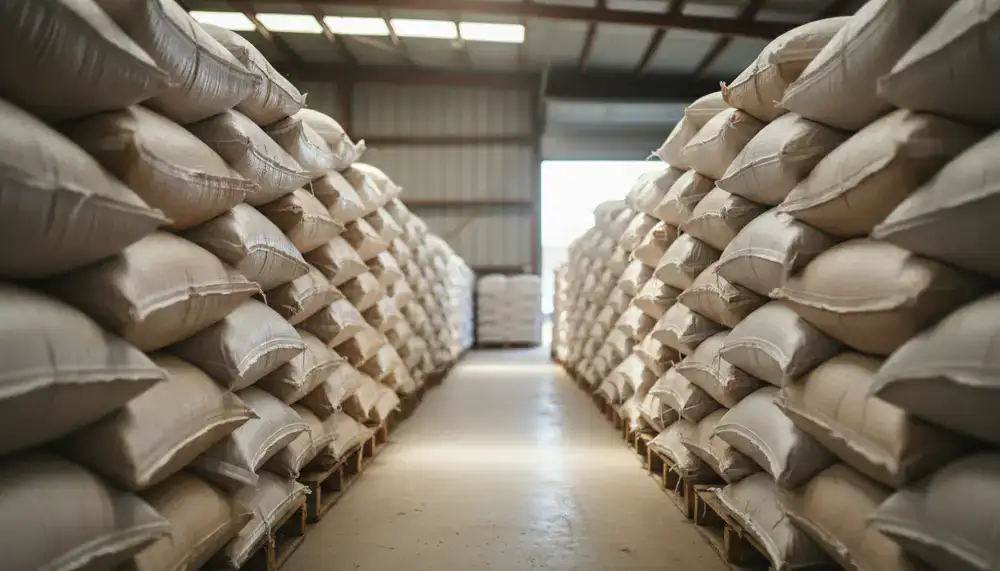 Rows of professional poultry feed sacks