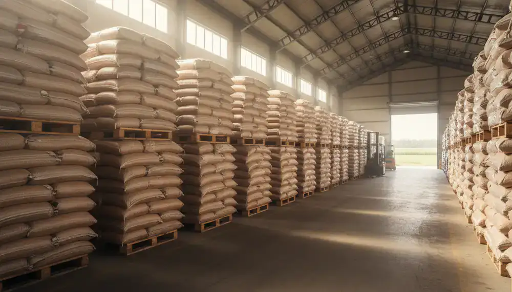Stacks of commercial poultry feed sacks in a warehouse