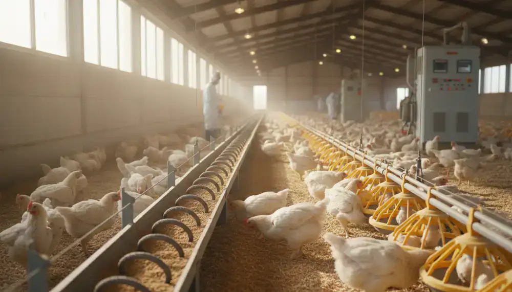 Commercial poultry farm feeding equipment in action