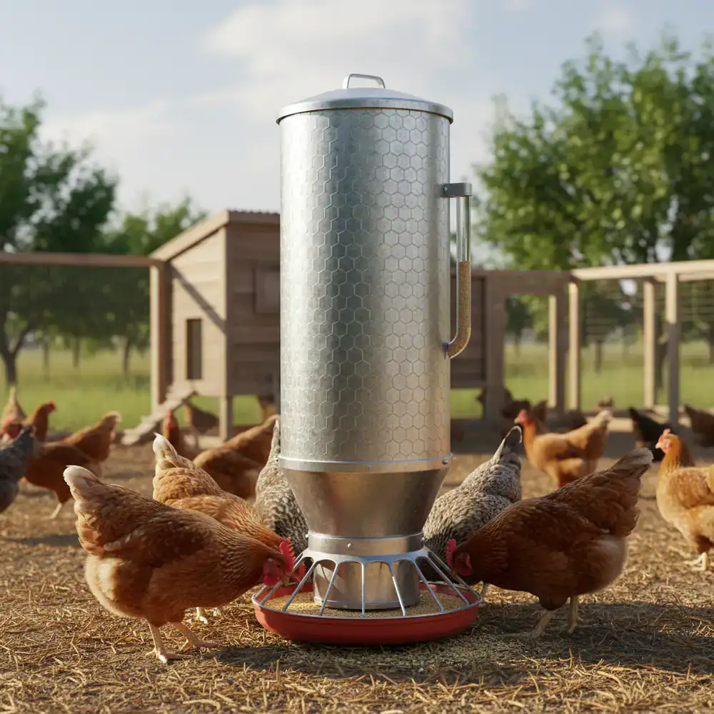 Tall galvanized steel poultry feeder hopper