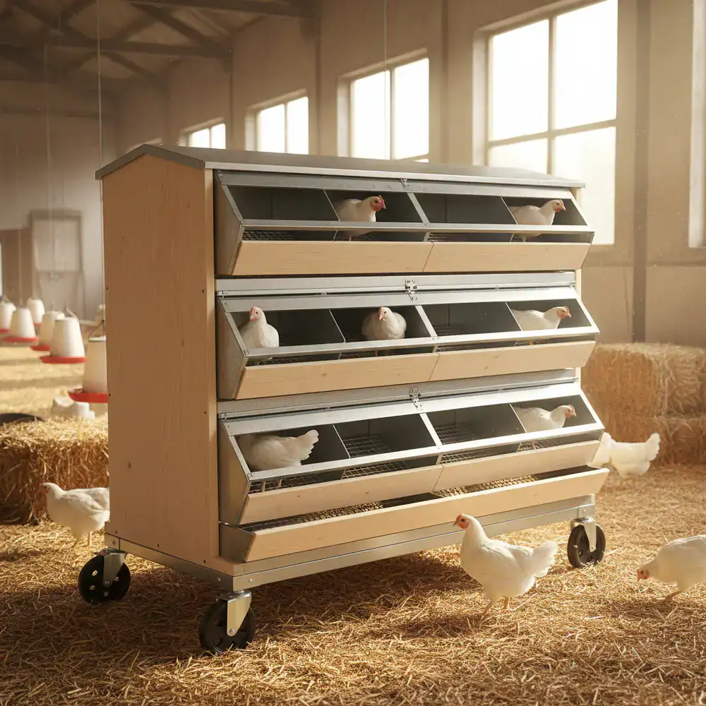 Multi-bay roll-away nesting box unit