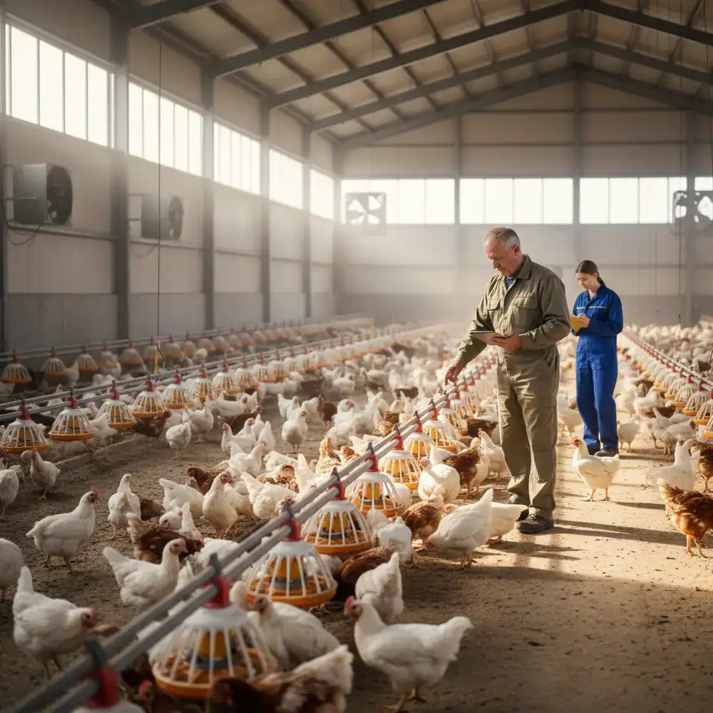 A commercial farmer inspecting poultry equipment in a large barn