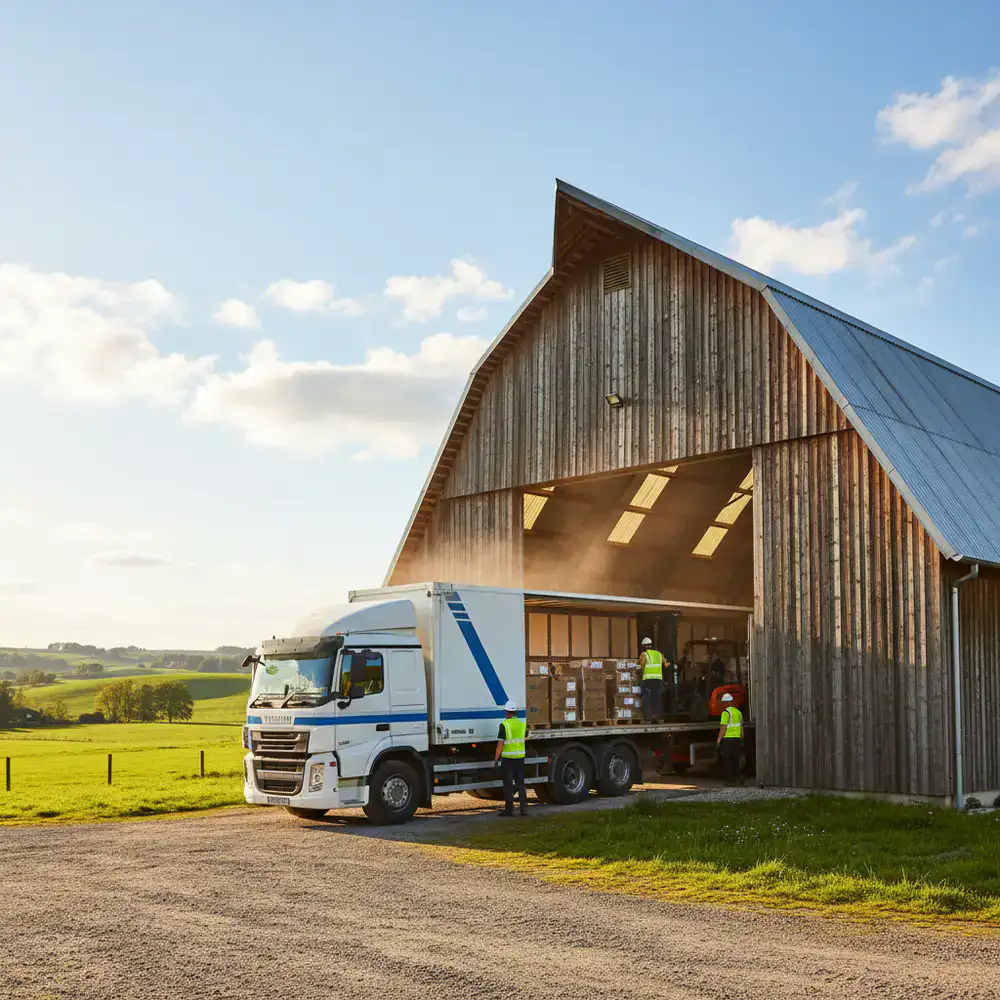 Supply truck delivering items to a commercial barn