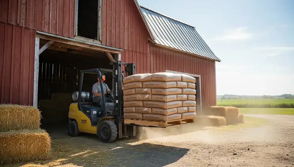 Large pallet of FeatherBarn commercial poultry feed being loaded into a barn facility