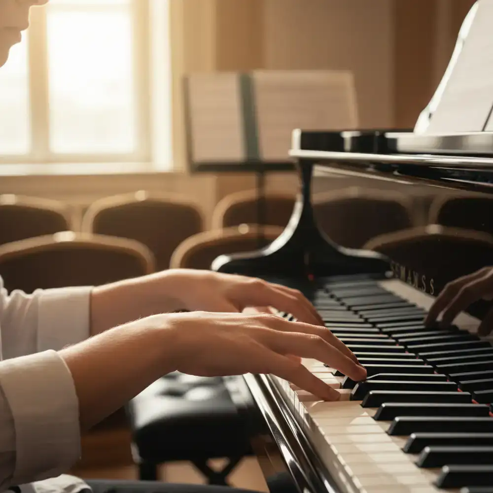 A student's hands gracefully playing a grand piano